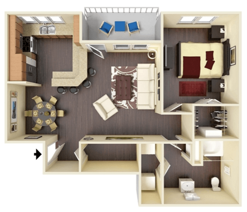 a 3d drawing of a bedroom with a desk and a chair and a bathroom
